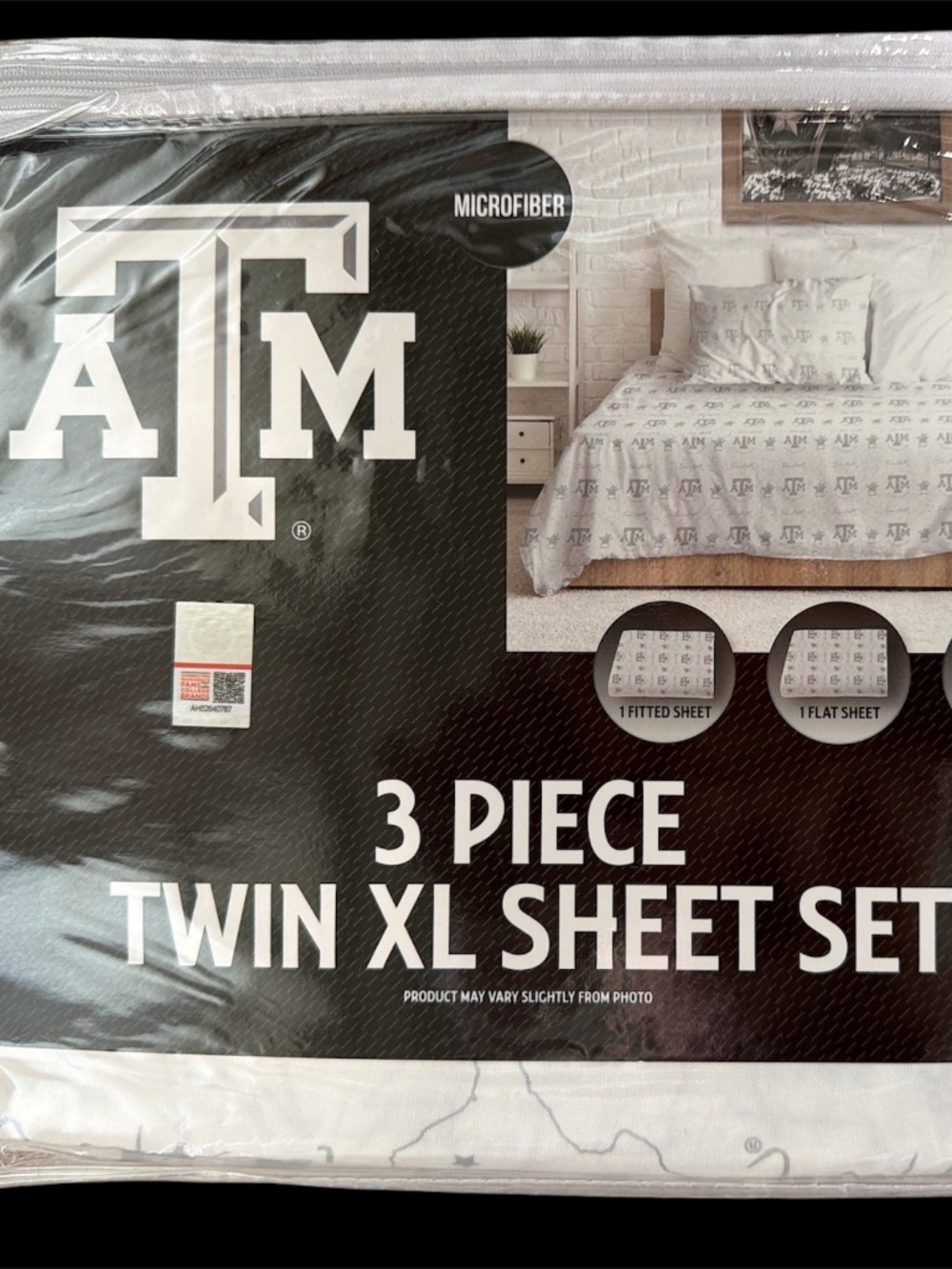 Texas A & M 3 piece twin sheet set, white and gray with logo